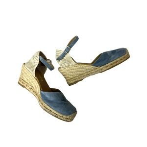 Paseart Espadrilles Sling Back Ankle Strap Blue Suede Natural Braid & Woven, 7M
